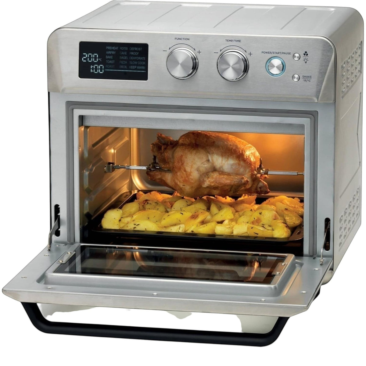 Taghareed Kenwood 25L 1700W digital 2-in-1 air fryer oven with rotisserie cooking a chicken and potatoes.