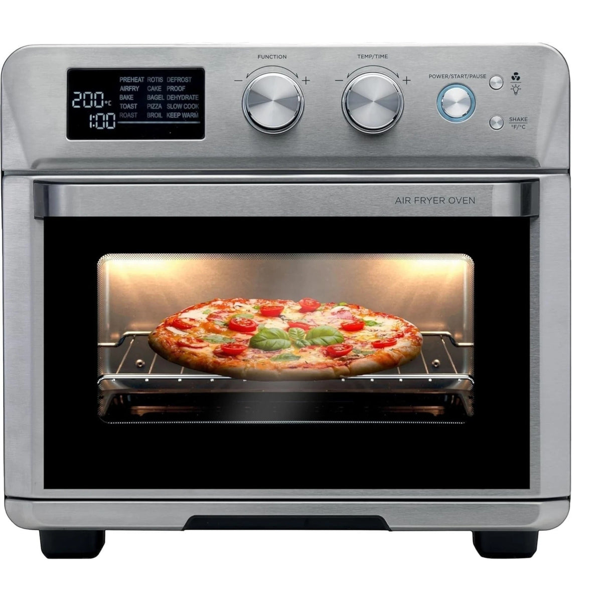 Taghareed Kenwood 25L 1700W stainless steel 2-in-1 air fryer oven baking a pizza with digital display