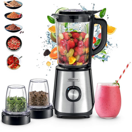 Taghareed Kenwood 1000W stainless steel blender with 2L glass jar, 2 mills, and smoothie.