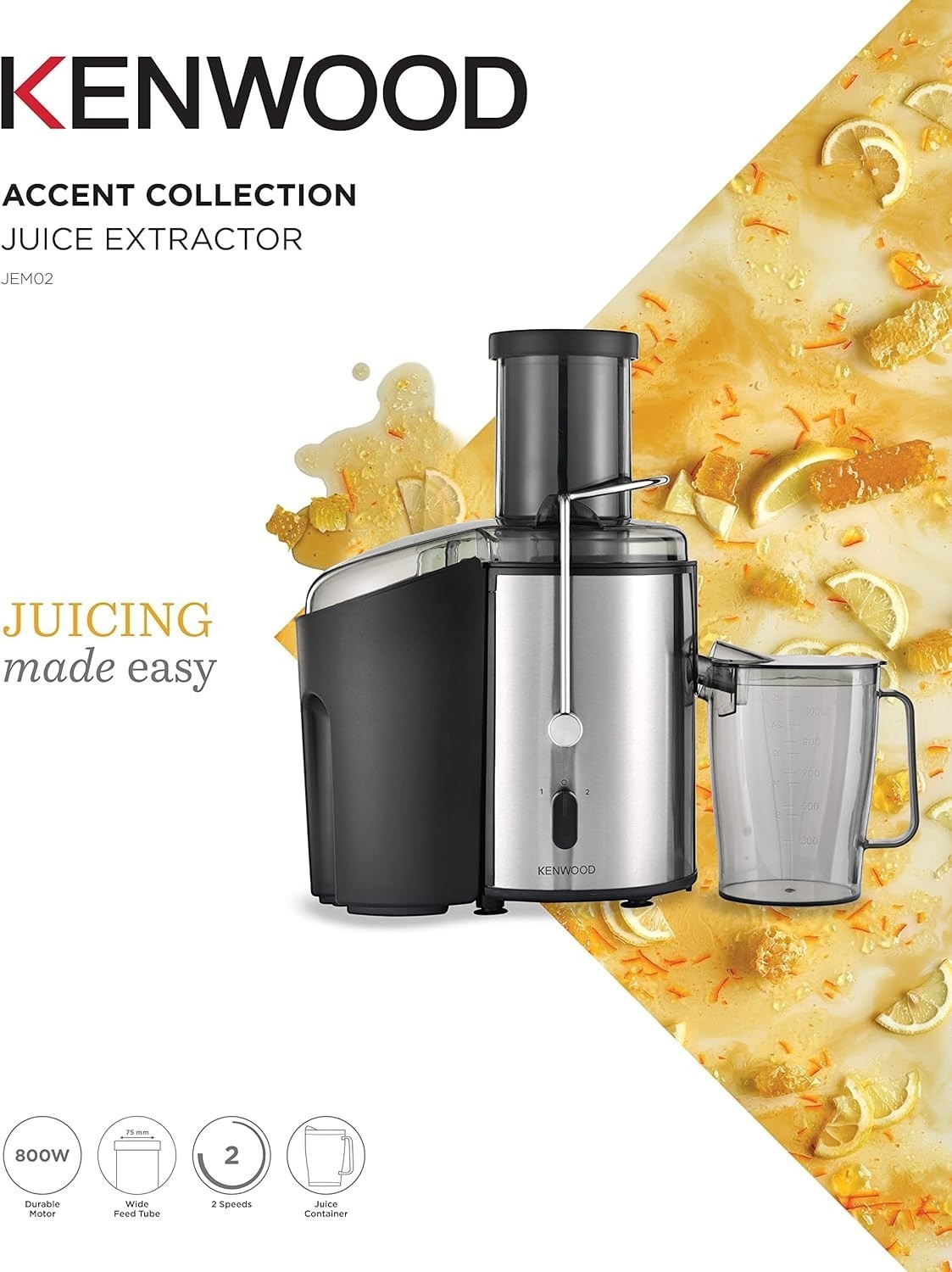 Taghareed Kenwood Accent Collection centrifugal juicer, 800W, stainless steel and black, with wide feed tube and juice container.