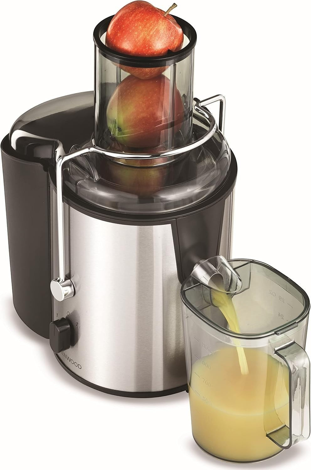 Taghareed Kenwood JEM02.A0BK Accent Collection centrifugal juicer, stainless steel and black, with 800W motor and wide chute.