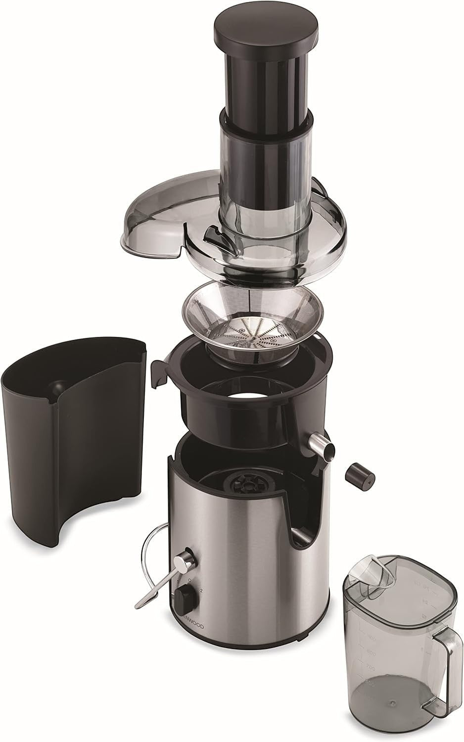 Taghareed Kenwood JEM02.A0BK centrifugal juicer in stainless steel and black, with 800W motor and wide chute.