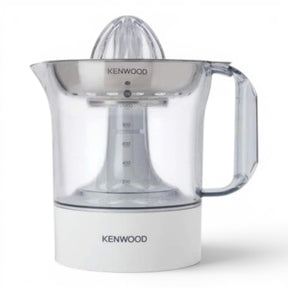 Taghareed Kenwood JE290 1L 40W white citrus juicer with clear jug and stainless steel filter.