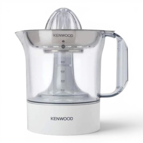 Taghareed Kenwood JE290 1L 40W white citrus juicer with clear jug and stainless steel filter.