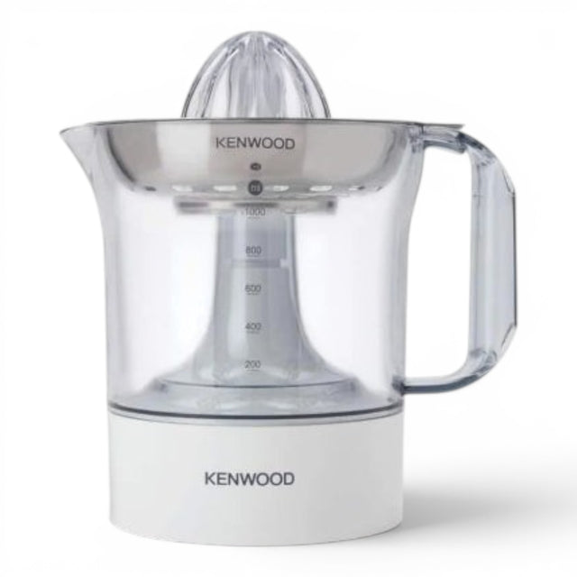 Taghareed Kenwood JE290 1L 40W white citrus juicer with clear jug and stainless steel filter.