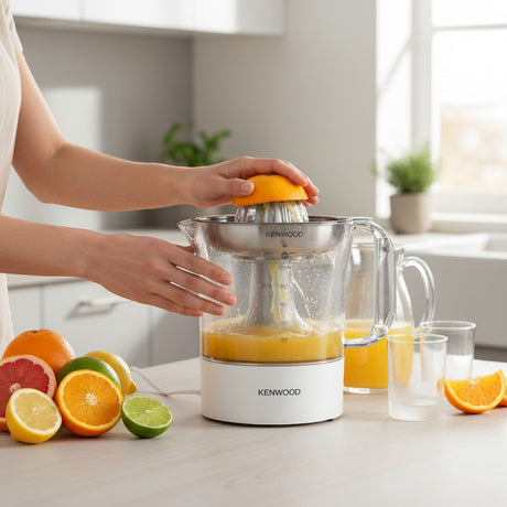 Taghareed Kenwood JE290 white 1L 40W citrus juicer with stainless steel filter, being used to juice an orange.