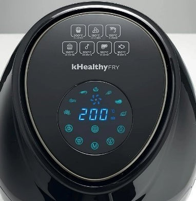 Taghareed Kenwood digital air fryer with 5.5L capacity and 1800W power, featuring a touch screen with pre-set cooking programs.