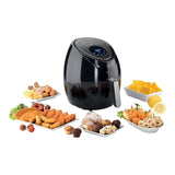 Taghareed Kenwood digital air fryer 3.8L 1500W black with digital display, surrounded by plates of fried food and baked goods.