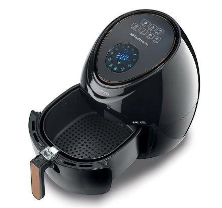 Taghareed Kenwood digital air fryer in black, 5.5L capacity, with a touch screen display and pre-set cooking programs.
