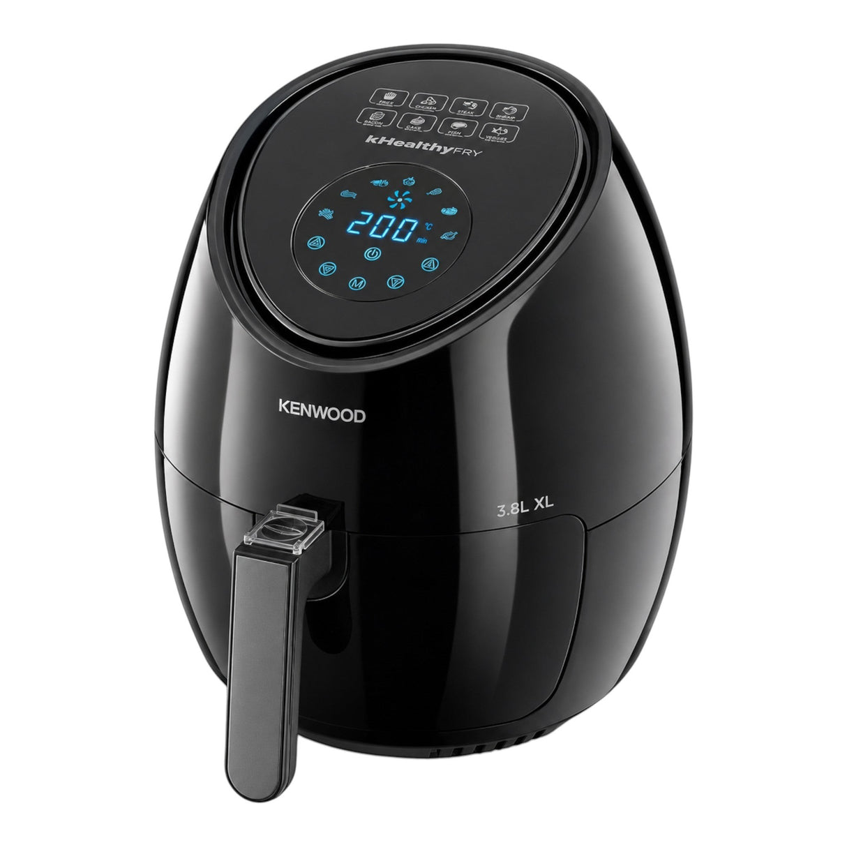 Taghareed Kenwood HFP30.000BK black digital air fryer with 3.8L capacity and touch screen display.
