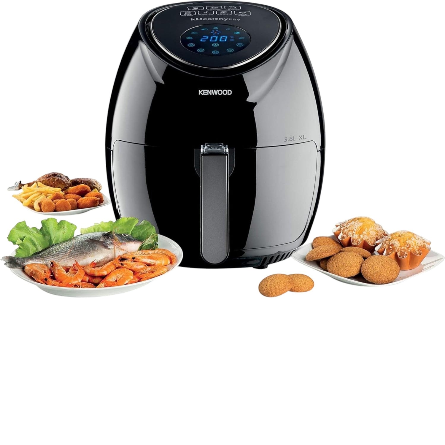 Taghareed Kenwood HFP30.000BK black digital air fryer 3.8L with touch screen and 7 presets, showing plates of shrimp, fish, fries, and muffins.