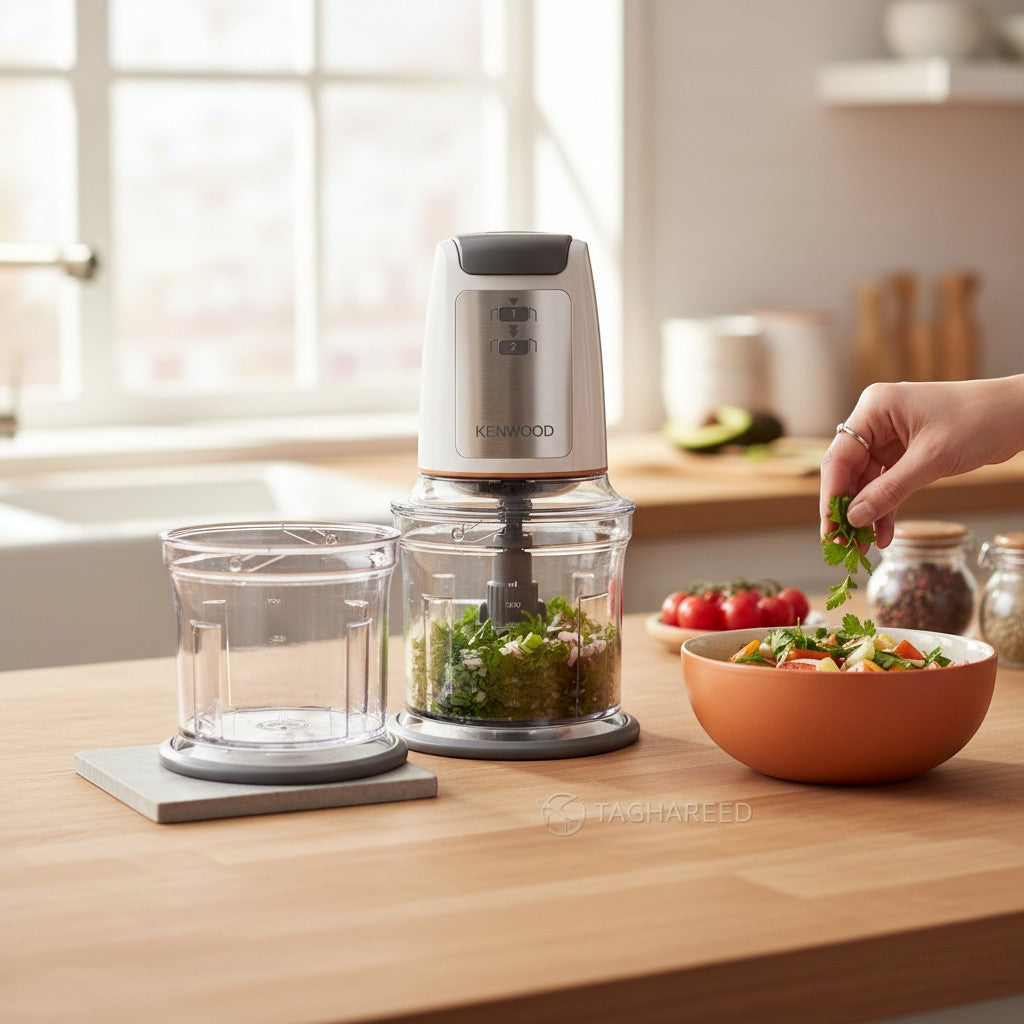 Taghareed Kenwood Easy Chop food chopper with 500W motor, 0.5L capacity, and quad blade system in white and silver.