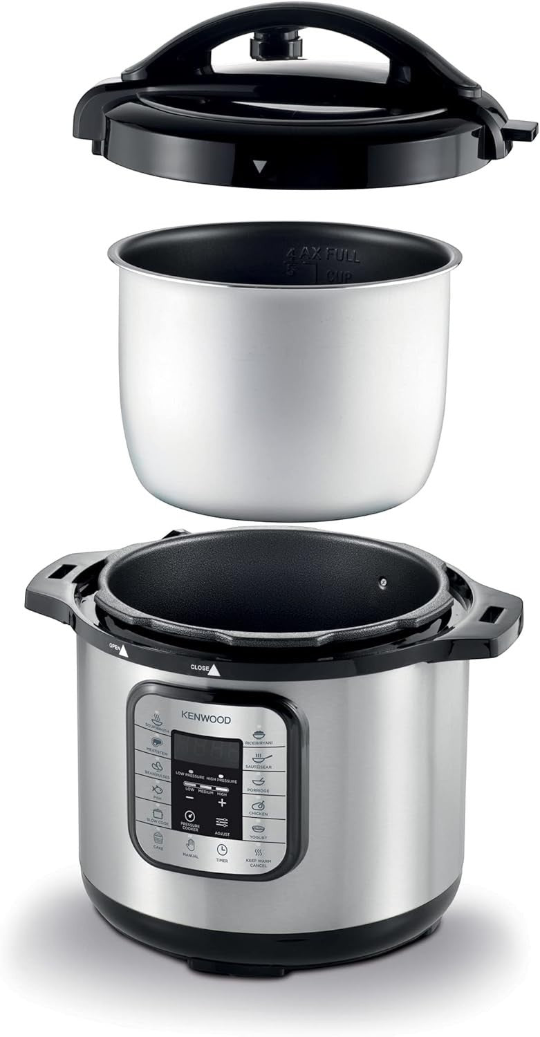 Taghareed Kenwood 16-in-1 8L electric pressure cooker multicooker in silver and black with digital display and 16 cooking programs.