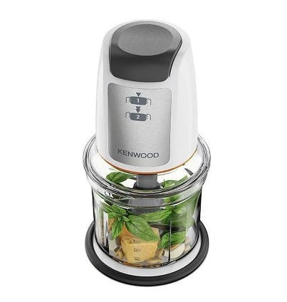 Taghareed Kenwood Easy Chop food chopper with 500W motor, 0.5L bowl, and quad blade system. White and silver.