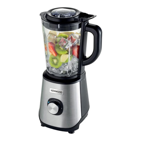 Taghareed Kenwood 1000W glass blender with 2L capacity, stainless steel base, and black accents. Filled with fruit and ice.