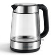 Taghareed Kenwood 1.7L glass cordless kettle with stainless steel accents and black handle. Features internal blue illumination.