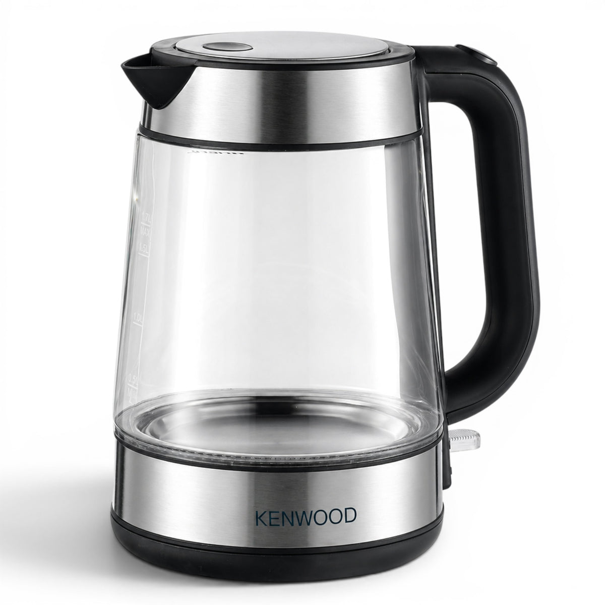 Taghareed Kenwood 1.7L glass cordless kettle with stainless steel accents and black handle. Features internal blue illumination.