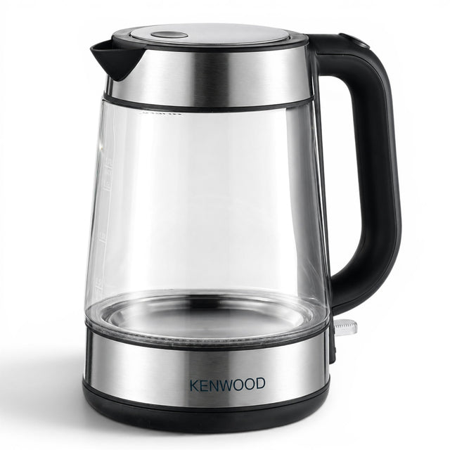 Taghareed Kenwood 1.7L glass cordless kettle with stainless steel accents and black handle. Features internal blue illumination.