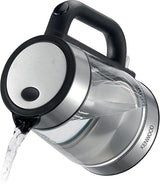 Taghareed Kenwood 1.7L glass cordless kettle with brushed metal accents and LED illumination.