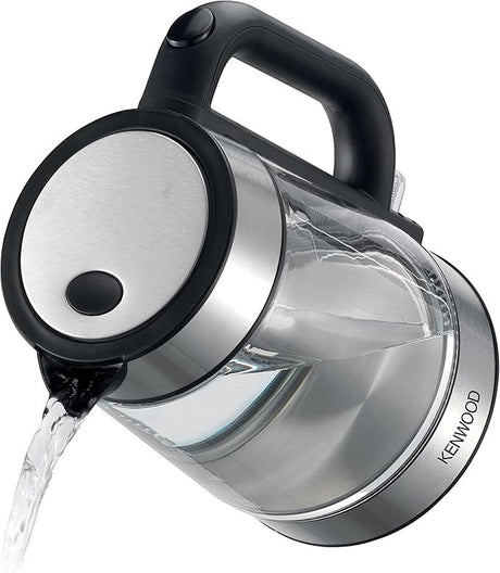 Taghareed Kenwood 1.7L glass cordless kettle with brushed metal accents and LED illumination.