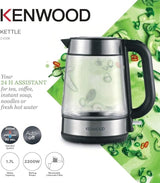 Taghareed Kenwood ZJG08 cordless glass kettle, 1.7L capacity, 2200W, with blue LED illumination and auto-off function.