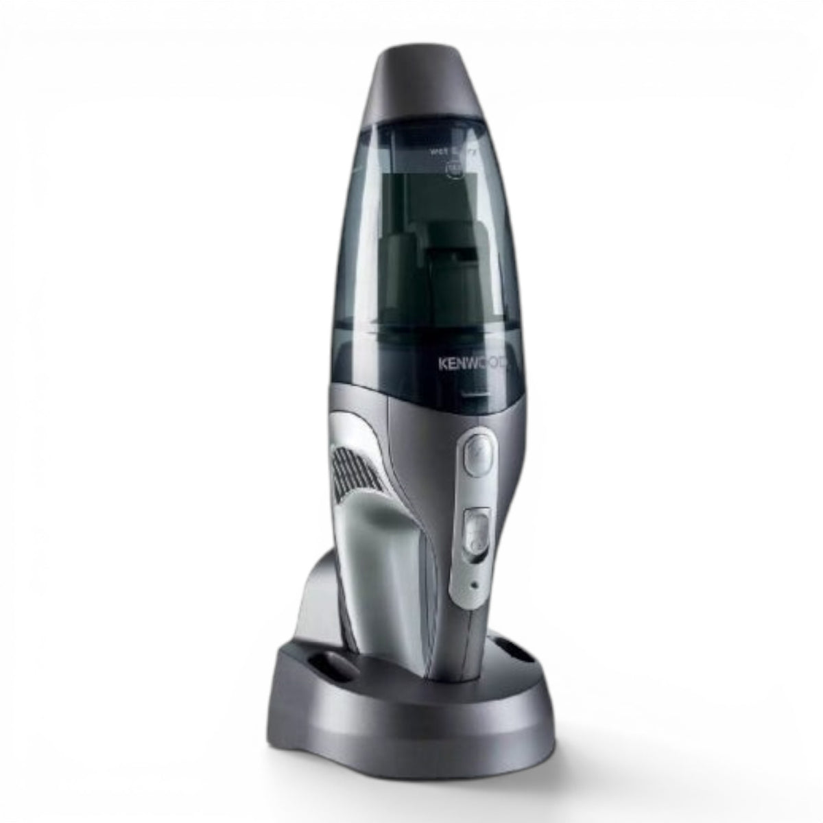 Taghareed Kenwood 14.8V cordless handheld vacuum cleaner, wet & dry, grey plastic, with charging base.