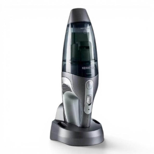 Taghareed Kenwood 14.8V cordless handheld vacuum cleaner, wet & dry, grey plastic, with charging base.