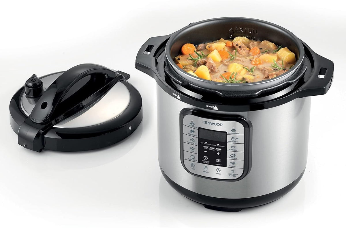 Taghareed Kenwood 8L 16-in-1 electric pressure cooker in silver and black, with digital display and stew inside.