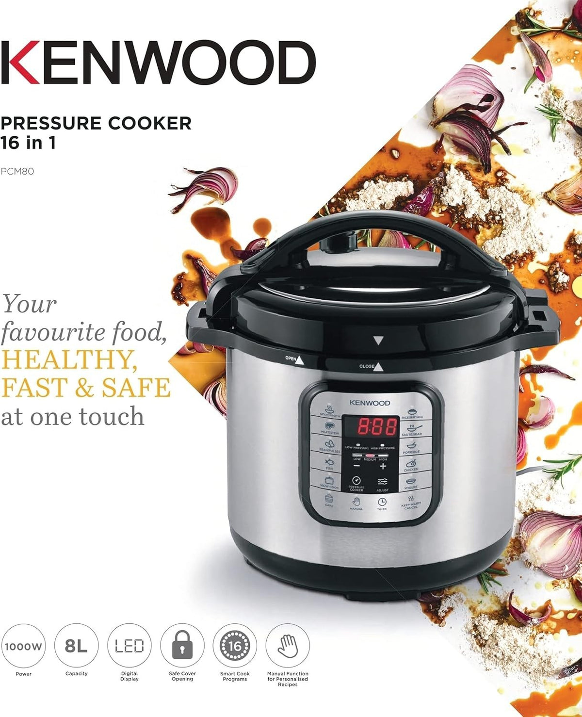 Taghareed Kenwood 16-in-1 8L electric pressure cooker in silver and black with digital display and 16 smart cook programs.