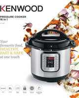 Taghareed Kenwood 16-in-1 8L electric pressure cooker in silver and black with digital display and 16 smart cook programs.