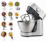 Taghareed Kenwood Prospero+ stand mixer in silver with stainless steel bowl and attachments for blending, chopping, juicing, and grinding.