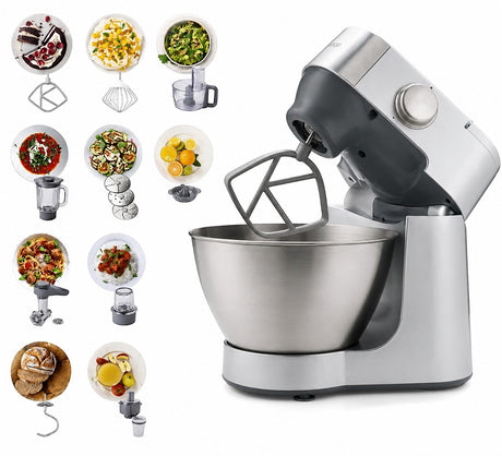 Taghareed Kenwood Prospero+ stand mixer in silver with stainless steel bowl and attachments for blending, chopping, juicing, and grinding.