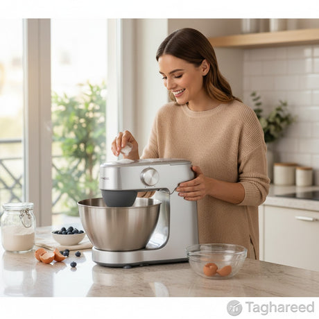 Taghareed silver Kenwood Prospero+ stand mixer with stainless steel bowl, used by a woman adding sugar.