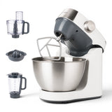 Taghareed Kenwood Prospero+ stand mixer in white and grey with 4.3L stainless steel bowl, K-beater, food processor, citrus juicer, and blender attachment.