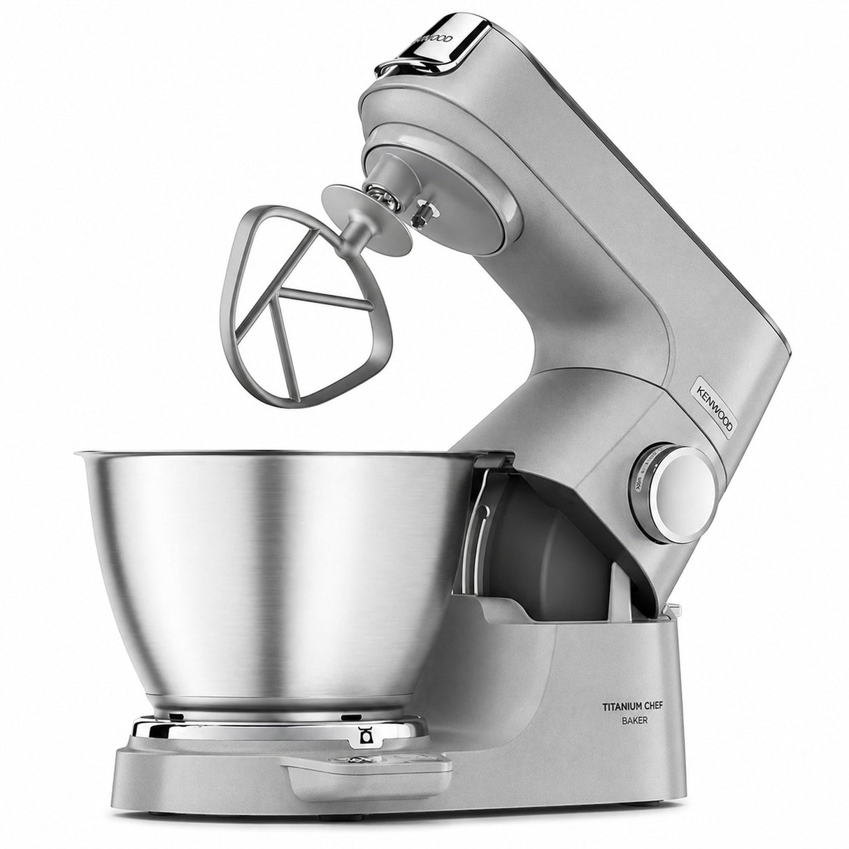 Taghareed Kenwood Titanium Chef Baker XL stand mixer in silver, with a 7L stainless steel bowl and K-beater attachment.