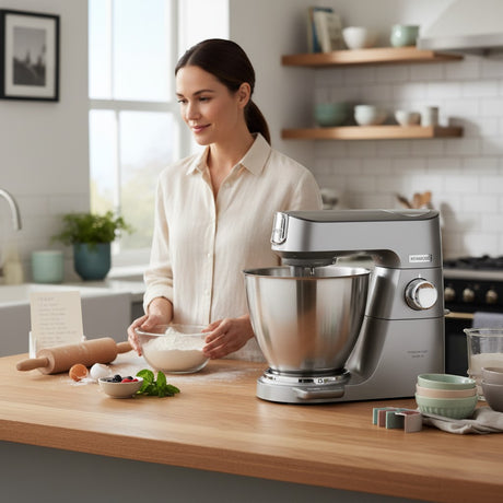Taghareed: Silver Kenwood Titanium Chef Baker XL stand mixer with 7L bowl, 1200W motor, and planetary mixing system. Woman preparing ingredients.