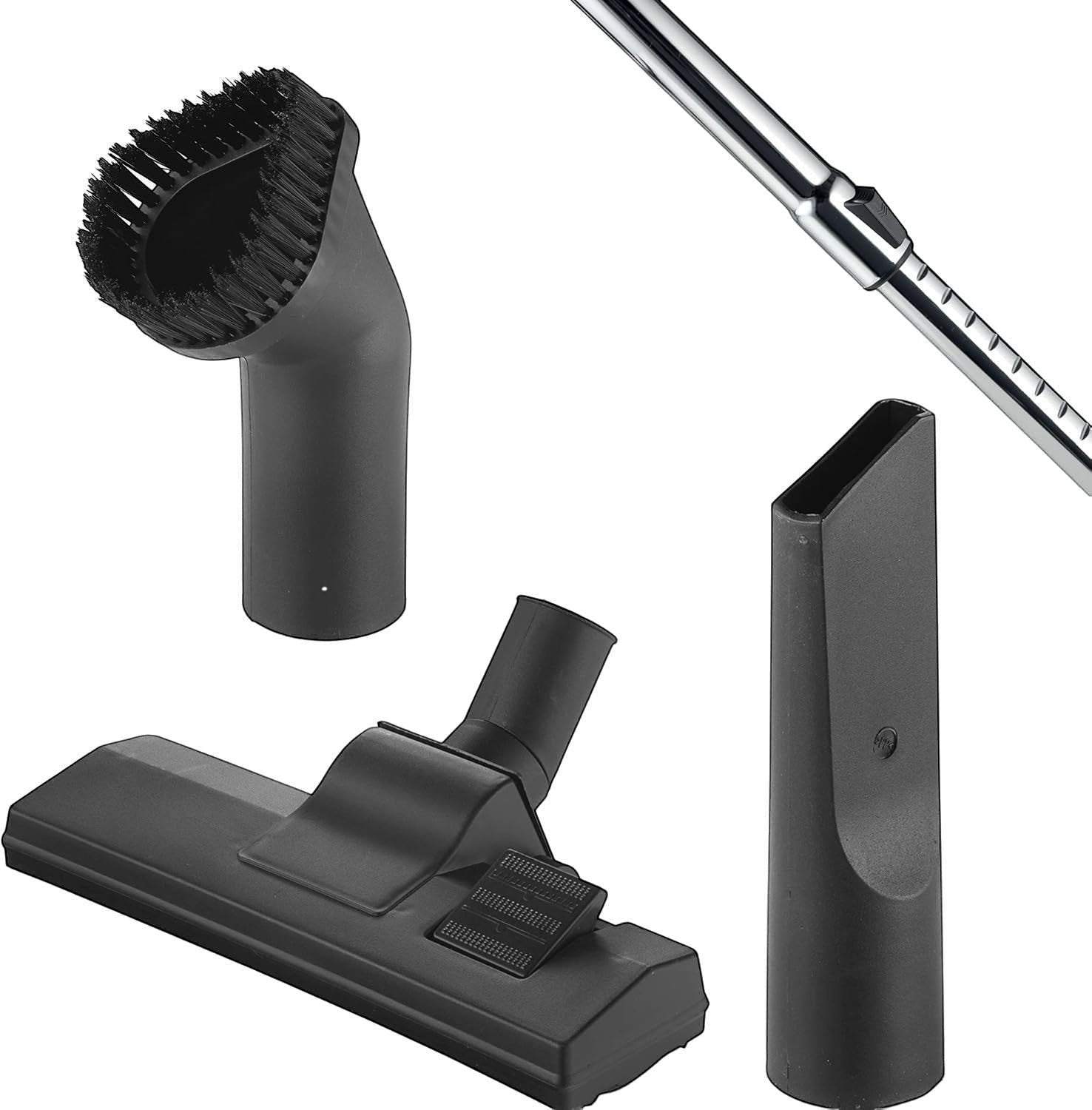 Taghareed Kenwood VDM60.000BR vacuum cleaner attachments: floor brush, crevice tool, upholstery brush, and extension wand.