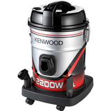 Taghareed Kenwood 2200W 25L Wet & Dry drum vacuum cleaner with accessories. Silver, black, and red design.