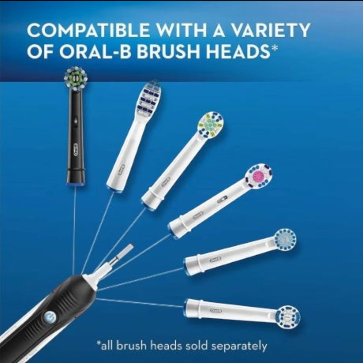 Taghareed Oral-B Pro 3 electric toothbrush handle with multiple brush heads displayed, showing compatibility.