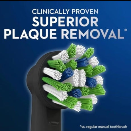 Taghareed Oral-B Pro 3 electric toothbrush head with white, green, and blue bristles for superior plaque removal.