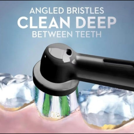 Taghareed Oral-B Pro 3 electric toothbrush head with angled bristles cleaning deep between teeth.