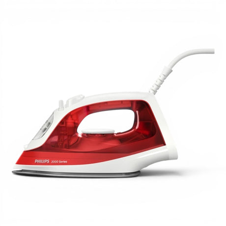 Taghareed Philips 2000 Series steam iron with white and red casing, Non-Stick soleplate, and 250ml water tank.
