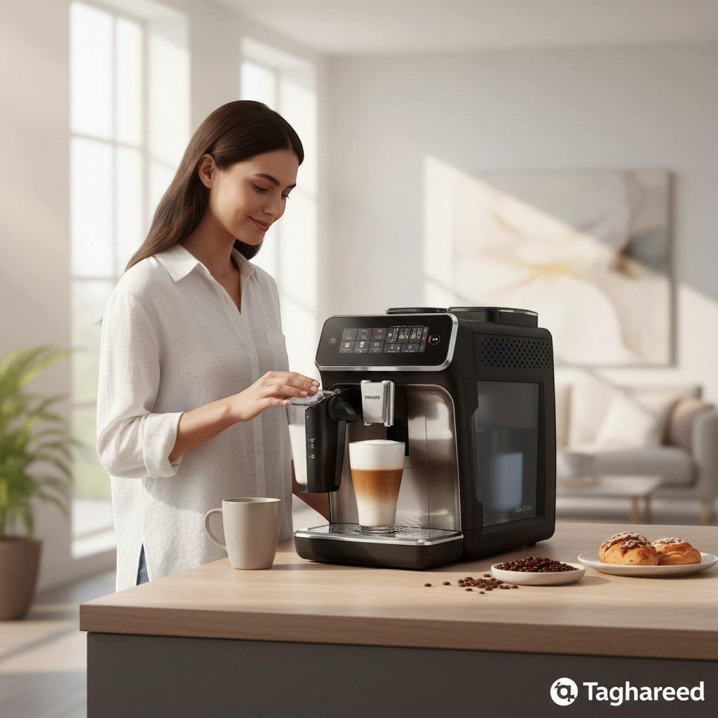 Taghareed woman making a latte with Philips 3300 Series fully automatic espresso machine, 6 hot/cold drinks, LatteGo system.