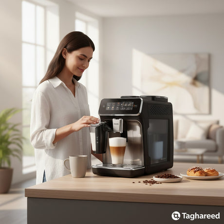 Taghareed woman making a latte with Philips 3300 Series fully automatic espresso machine, 6 hot/cold drinks, LatteGo system.