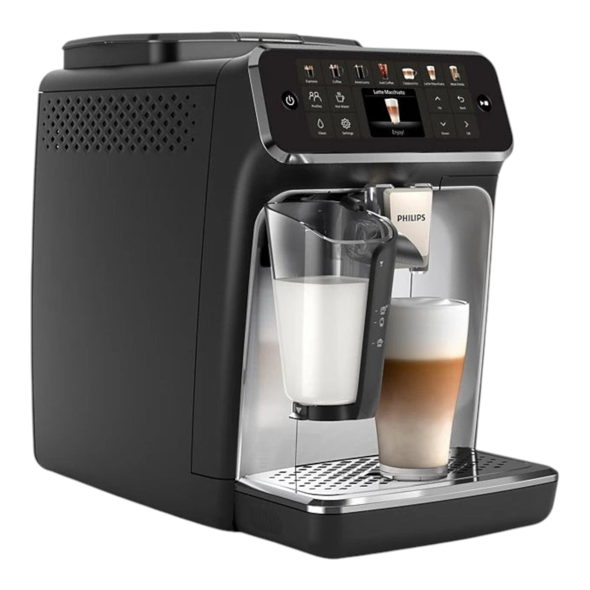 Taghareed Philips 4400 Series fully automatic espresso machine with LatteGo system, black, preparing a latte macchiato.