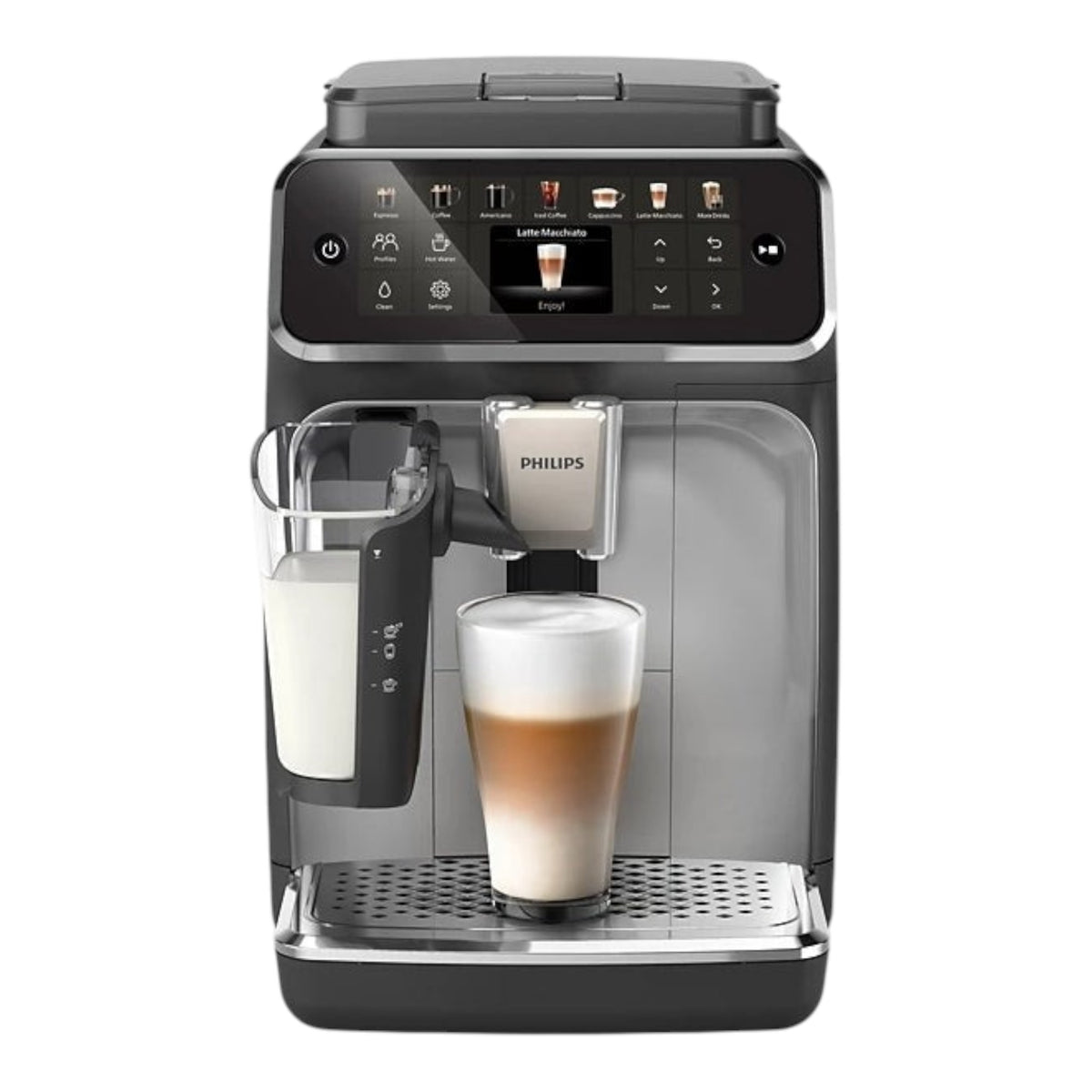 Taghareed Philips 4400 Series fully automatic espresso machine with LatteGo system, making a latte macchiato.