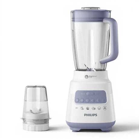 Taghareed Philips 5000 Series blender with 2L jar, 700W motor, 5 speeds, ProBlend Crush technology, and Ice Crush function. White and purple.