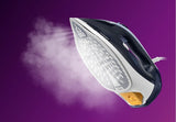 Taghareed Philips 7000 Series steam iron with SteamGlide Plus soleplate, releasing steam. Dark blue and white.