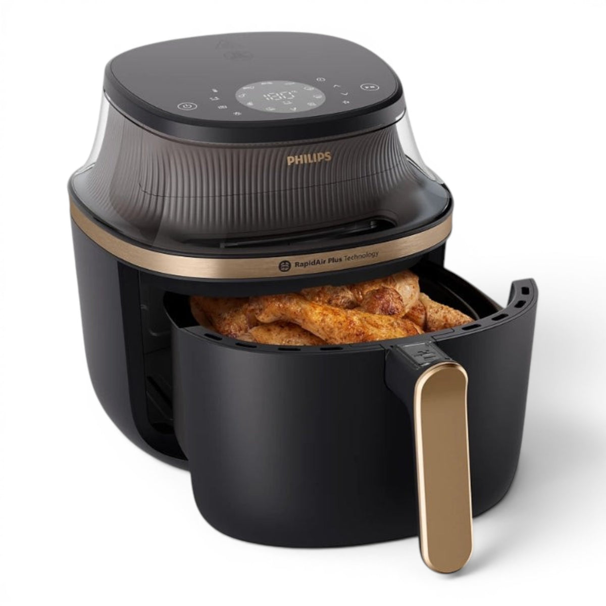 Taghareed Philips Airfryer 3000 Series XL NA342/09 with Rapid Air Plus technology, 7.2L capacity, digital touchscreen, and cooking window. Black with gold accents.