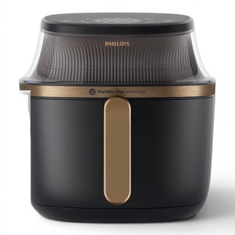 Taghareed Philips Airfryer 3000 Series XL NA342/09, black with gold accents, 7.2L capacity, 16 cooking functions, digital touchscreen, and RapidAir Plus technology.